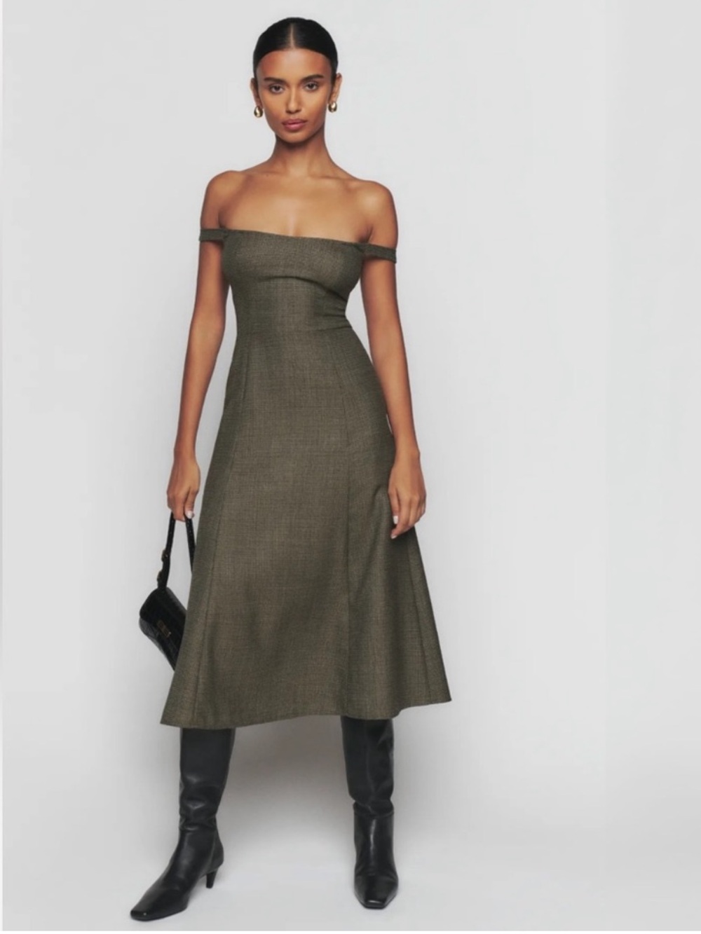 Reformation Stratford Checked Off Shoulder Midi Dress